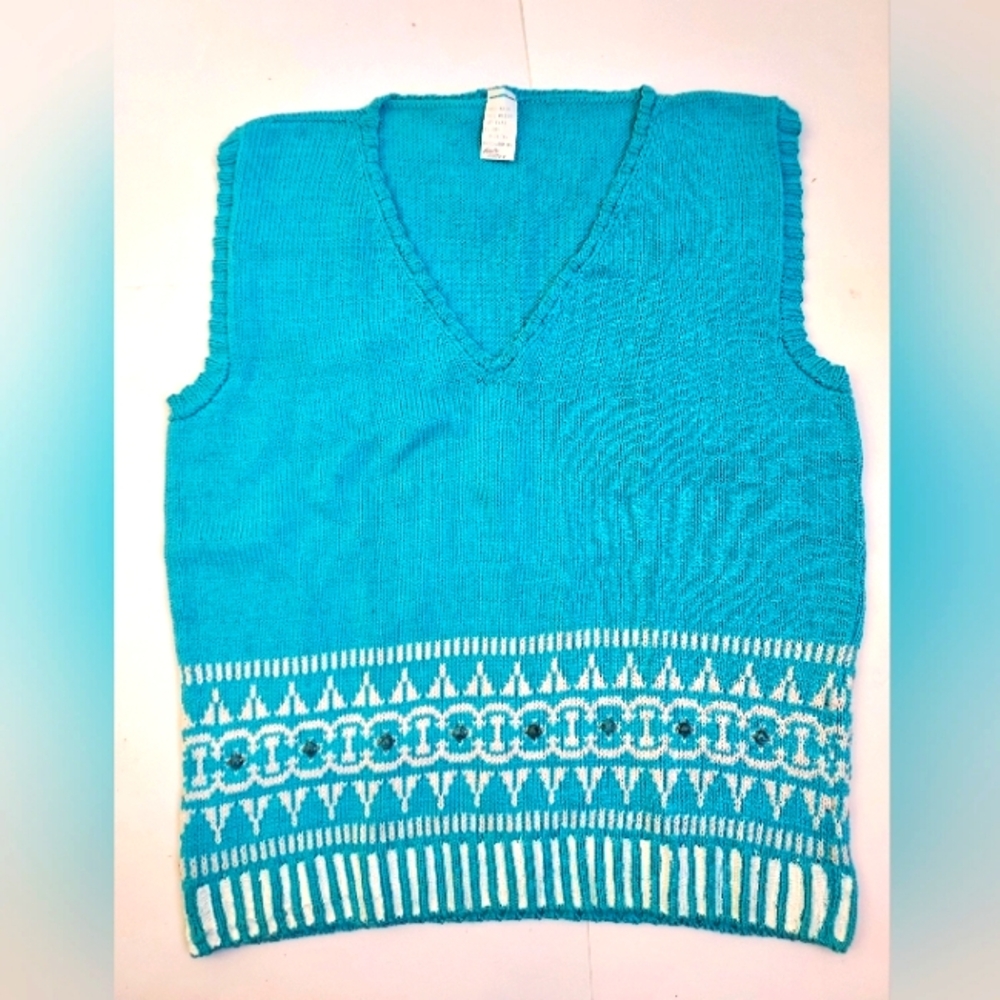 Vintage Ladies Handmade/Embellished Aqua Cotton V-Neck Vest Size L Mahaffey PA